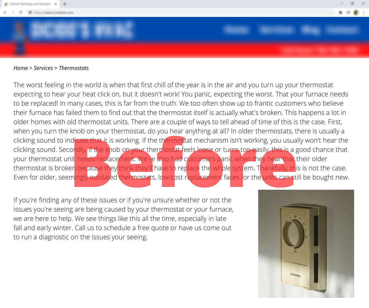 Ron's HVAC Services page Example of Before Content