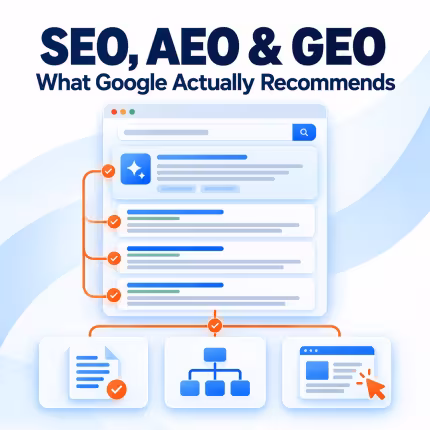 Illustration of AI answers and traditional search results sharing a foundation of helpful content, technical SEO, and user experience.