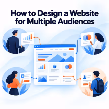 Illustration of one website connecting multiple audiences to the information they need.