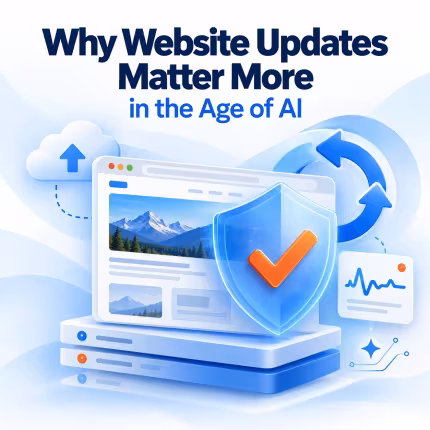 Website protected by a blue shield, surrounded by symbols for software updates, cloud backups, and monitoring.