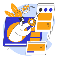 Illustrated graphic of a person putting together a website with gears and boxes.
